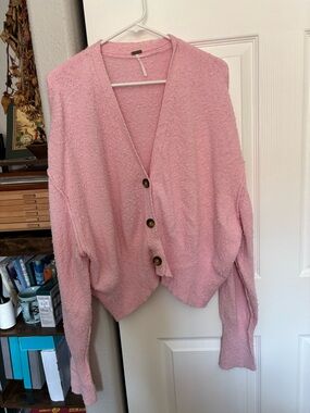 Free People Pink Chunky Button V-Neck Cardigan